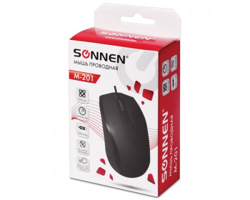 Мышь проводная SONNEN М-201, USB, 1000dpi, 2 кнопки+колесо-кнопка, оптическая, черная, 512631