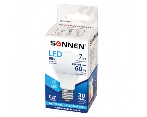 Лампа светодиодная SONNEN, 7(60)Вт, цоколь Е27, груша, нейтр.бел,30000ч, LED A55-7W-4000-E27, 453694