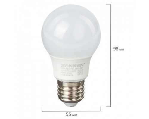 Лампа светодиодная SONNEN, 7(60)Вт, цоколь Е27, груша, нейтр.бел,30000ч, LED A55-7W-4000-E27, 453694