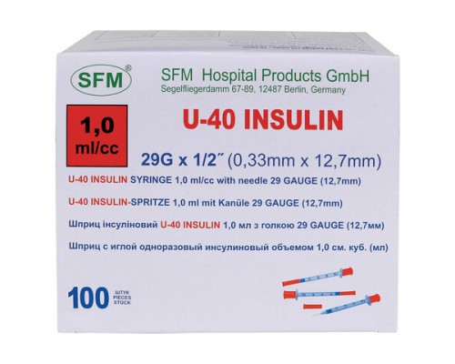 Шприц инсулиновый SFM, 1 мл. КОМПЛЕКТ 10 шт. в пакете, U-40 игла несъемная 0,33х12,7 - 29G, ш/к51188