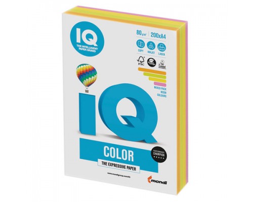 Бумага цветная IQ color А4, 80 г/м, 200 л, (4цв.x 50л), микс неон, RB04, ш/к 07470