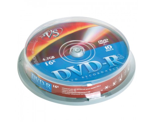 Диски DVD-R VS 4,7 Gb Cake Box (упаковка на шпиле), КОМПЛЕКТ 10 шт., VSDVDRCB1001
