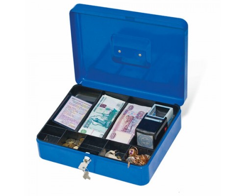 Ящик для денег, ценностей, документов, печатей, 90х240х300мм, ключевой замок, синий, BRAUBERG,290336