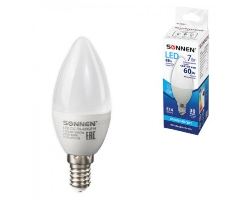 Лампа светодиодная SONNEN, 7(60)Вт, цоколь Е14, свеча,нейтр.бел,30000ч, LED C37-7W-4000-E14, 453712
