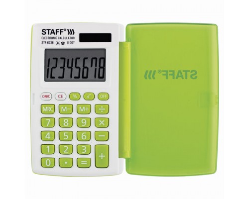 Калькулятор карманный STAFF STF-6238 (104х63мм), 8 раз.,дв.питание,БЕЛЫЙ С ЗЕЛЁНЫМИ КНОПКАМИ,блистер