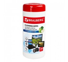 Салфетки для экранов всех типов и пластика BRAUBERG с ароматом ЯБЛОКО, туба 100 шт., влажные, 513286