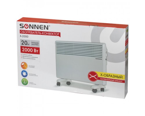 Обогреватель-конвектор SONNEN X-2000, 2000Вт, напольная/настенная установка, белый, 453496