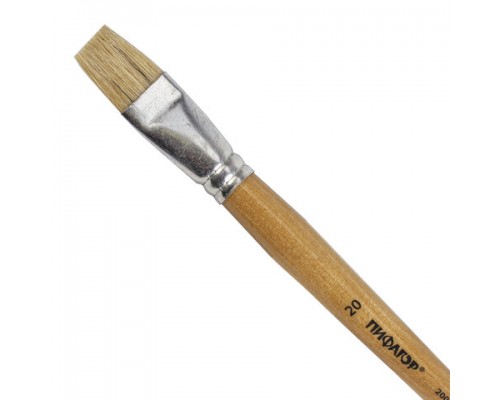 Кисть ПИФАГОР, ЩЕТИНА, плоская, № 20, деревянная лакированная ручка, пакет с подвесом, 200879