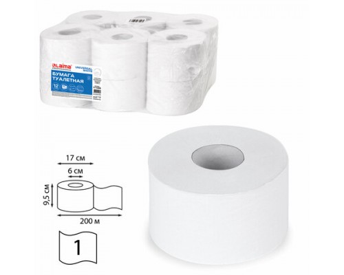 Бумага туалетная 200м, LAIMA (T2), UNIVERSAL WHITE, 1-сл, цвет белый, КОМПЛЕКТ 12 рулонов, 111335