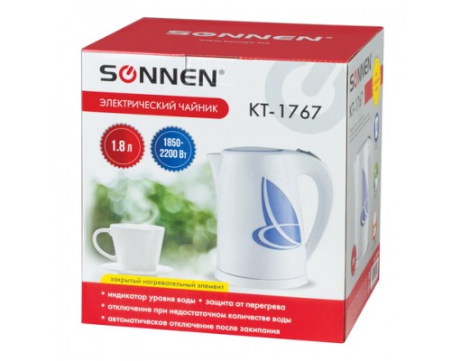 Чайник SONNEN KT-1767, 1,8л, 2200Вт, закрытый нагревательный элемент, пластик, белый/синий, 453416