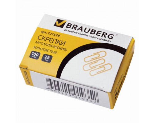 Скрепки BRAUBERG 28 мм золотистые, 100 шт., в карт. коробке, 221529