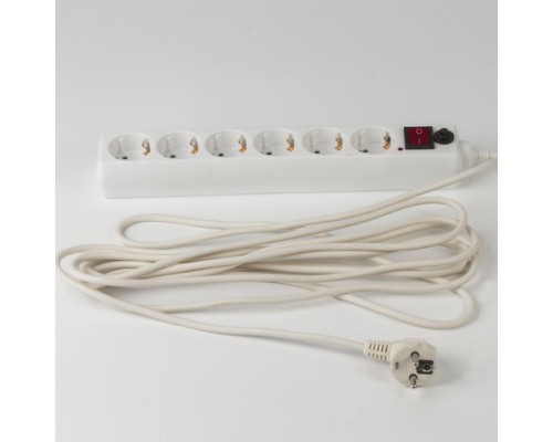 Сетевой фильтр SONNEN U-365, 6 розеток, с заземлением, выключатель, 10А, 5 м, белый, 511427