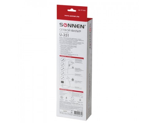 Сетевой фильтр SONNEN U-351, 5 розеток, с заземлением, выключатель, 10А, длина 1,8 м, белый, 511424