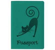 Обложка для паспорта STAFF, мягкий полиуретан, "Кошка", бирюзовая, 237616