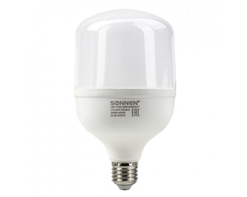 Лампа светодиодная SONNEN, 30(250)Вт, цоколь Е27, цил-р,хол.бел,30000ч,LED Т100-30W-6500-E27, 454924