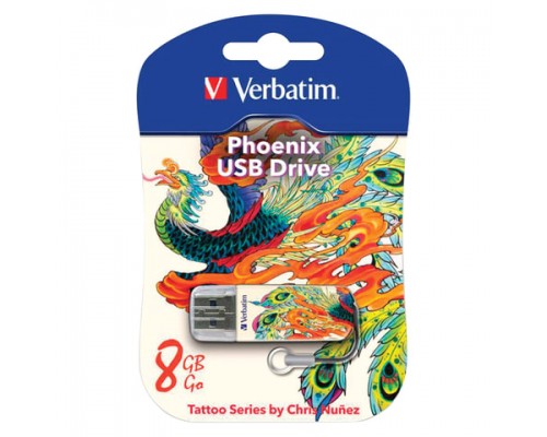 Флеш-диск 8GB VERBATIM Mini Tattoo Edition Phoenix USB 2.0, белый с рисунком, 49883