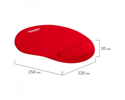 Коврик для мыши с подушкой под запястье SONNEN, полиуретан+лайкра, 250х220х20мм, красный, 513301