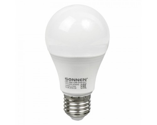 Лампа светодиодная SONNEN, 12(100)Вт, цоколь Е27,груша,тепл.бел,30000ч, LED A60-12W-2700-E27, 453697
