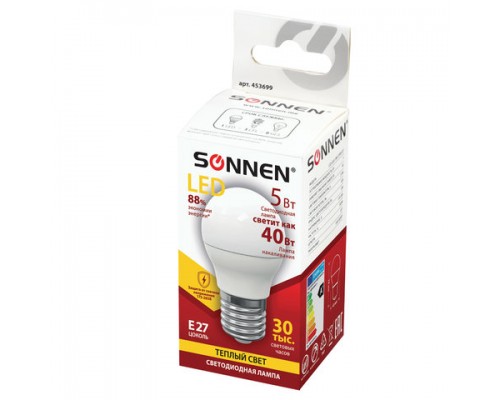 Лампа светодиодная SONNEN, 5(40)Вт, цоколь E27, шар, тепл.белый, 30000ч, LED G45-5W-2700-E27, 453699