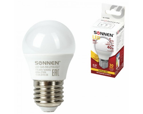Лампа светодиодная SONNEN, 5(40)Вт, цоколь E27, шар, тепл.белый, 30000ч, LED G45-5W-2700-E27, 453699
