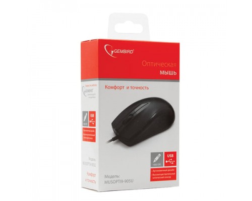 Мышь проводная GEMBIRD MUSOPTI9-905U, USB, 2кн+1колесо-кнопка, оптическая, черная