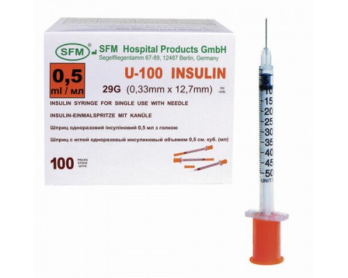 Шприц инсулиновый SFM, 0,5 мл. КОМПЛЕКТ 10 шт. пакет, U-100 игла несъемная 0,33х12,7 - 29G, ш/к52185