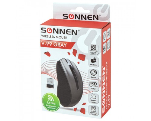 Мышь беспроводная SONNEN V99, USB, 1000/1200/1600 dpi, 4 кнопки, оптическая, серая,513528