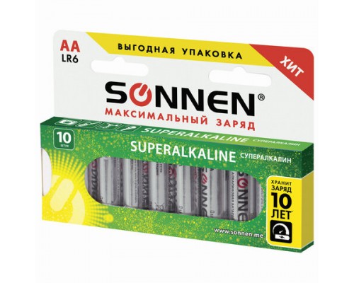 Батарейки КОМПЛЕКТ 10шт, SONNEN Super Alkaline, АА (LR6,15А), алкалиновые, пальчиковые,короб,454231