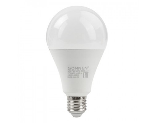 Лампа светодиодная SONNEN, 20(150)Вт, цоколь Е27,груша,нейтр.бел,30000ч,LED A80-20W-4000-E27, 454922