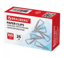 Скрепки BRAUBERG, 25 мм, никелированные, треугольные, 100 шт., в картонной коробке, 270440