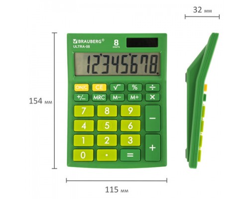 Калькулятор настольный BRAUBERG ULTRA-08-GN, КОМПАКТНЫЙ (154x115мм), 8 разрядов, ЗЕЛЕНЫЙ, 250509