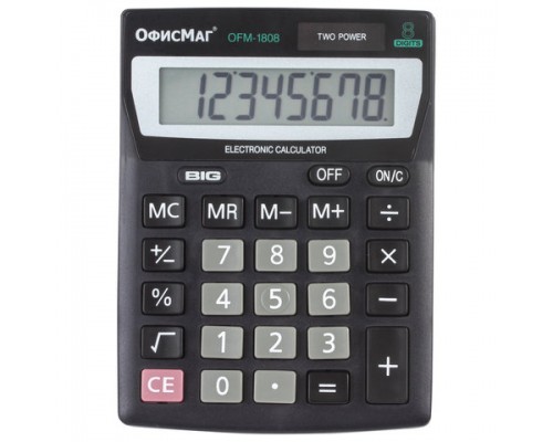 Калькулятор настольный ОФИСМАГ OFM-1807, КОМПАКТНЫЙ (140х105мм), 8 разрядов, двойное питание, 250223