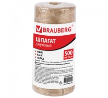 Шпагат джутовый упаковочный полированный, длина 500 м, диаметр 1,5 мм, 1200 текс, BRAUBERG, 605008