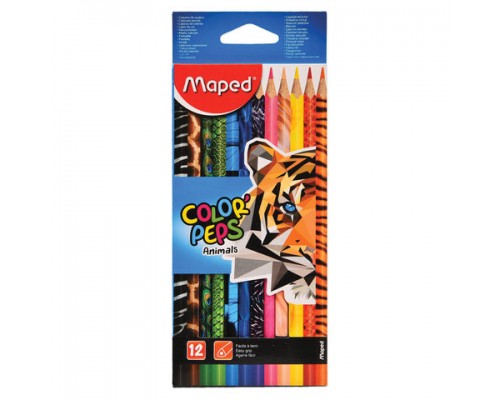 Карандаши цветные MAPED (Франция) ColorPeps Animals, 12 цветов, трехгранные, заточенные, европодвес, 832212