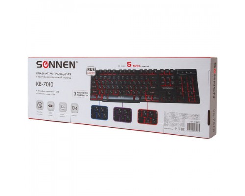 Клавиатура проводная SONNEN KB-7010,USB, 104 клавиши, LED подсветка, черная, 512653