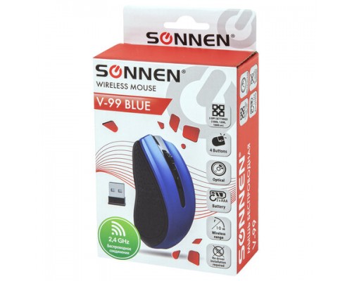 Мышь беспроводная SONNEN V99, USB, 1000/1200/1600 dpi, 4 кнопки, оптическая, синяя,513530