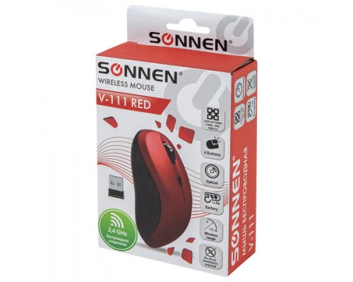 Мышь беспроводная SONNEN  V111, USB, 800/1200/1600 dpi, 4 кнопки, оптическая, красная,513520