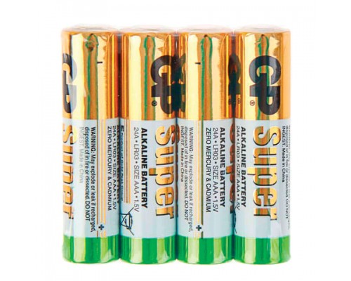 Батарейки КОМПЛЕКТ 4 шт, GP Super, AAA (LR03, 24А), алкалиновые, мизинчиковые, в пленке, 24ARS-2SB4