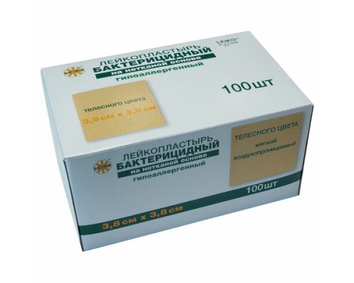 Лейкопластырь бактерицидный LEIKO комплект 100 шт. 3,8х3,8 см нетканая основа, телесный ш/к 40943