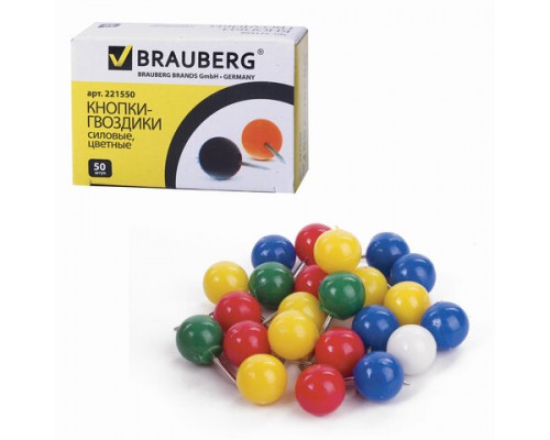 Силовые кнопки-гвоздики BRAUBERG  цветные (шарики), 50 шт., в карт. коробке, 221550