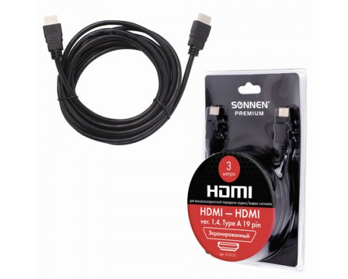 Кабель HDMI AM-AM, 3м, SONNEN Premium, медь, для передачи аудио-видео,  экранированный, 513131