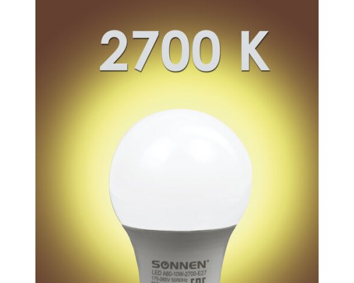Лампа светодиодная SONNEN, 10(85)Вт, цоколь Е27,груша, тепл.бел,30000ч, LED A60-10W-2700-E27, 453695