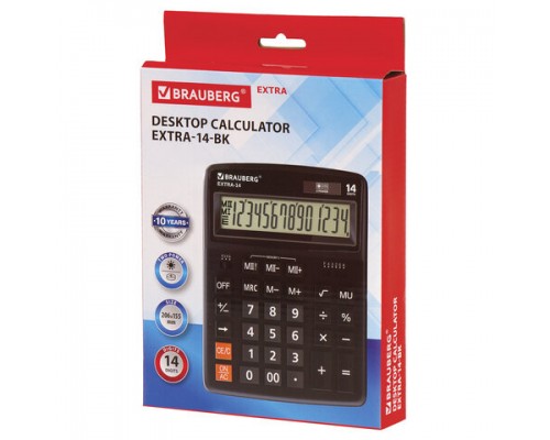 Калькулятор настольный BRAUBERG EXTRA-14-BK (206x155мм), 14 разрядов, дв.питание, ЧЕРНЫЙ, 250474