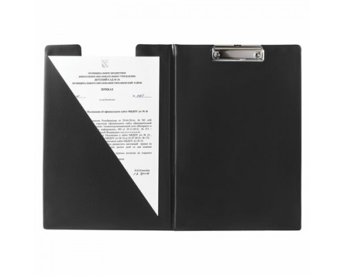 Папка-планшет ОФИСМАГ, А4 (340х240мм), с прижимом и крышкой, картон/ПВХ, РОССИЯ, черная, 225982