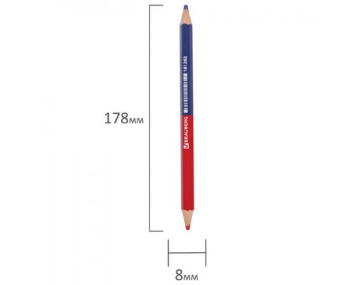 Карандаш двухцветный КРАСНО-СИНИЙ УТОЛЩЕННЫЙ BRAUBERG заточенный, грифель 4,0 мм, 181262