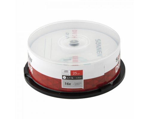 Диски DVD+R SONNEN 4,7GB 16x Cake Box (упаковка на шпиле) КОМПЛЕКТ 25шт, 513532