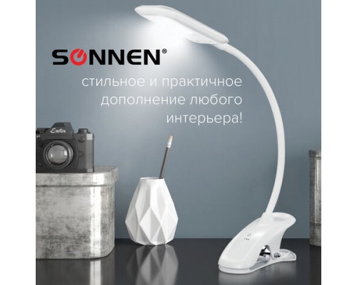 Настольная лампа светильник SONNEN BR-819C, на прищепке, светодиодная, 8 Вт, белый, 236667