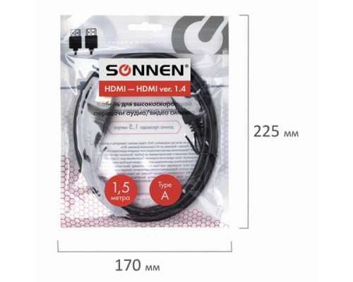 Кабель HDMI AM-AM, 1,5м, SONNEN, для передачи цифрового аудио-видео, черный, 513120