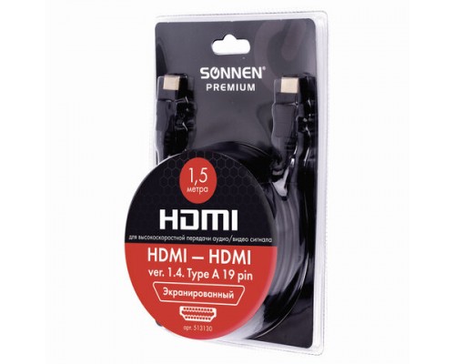 Кабель HDMI AM-AM, 1,5м, SONNEN Premium, медь, для передачи аудио-видео, экранированный, 513130
