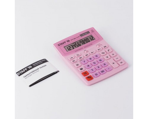 Калькулятор настольный STAFF STF-888-12-PK (200х150мм) 12 разрядов, двойное питание, РОЗОВЫЙ, 250452